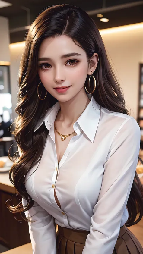 35-year-old woman, beautiful and smart, Store Management, ,white long sleeve button up blouse_brown pleated mini skirt, Super long brown hair,Hair with loose waves , Detailed face and eyes, Realistic, 8k, high quality, Realistic lighting, Warm tones, Intri...