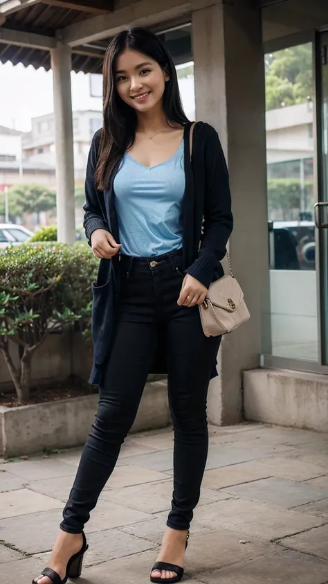 25 years old, girl, blue shirt and cardigan, black skinny jeans, black blonde hair, indonesian girl, smile, with heel and bag, university