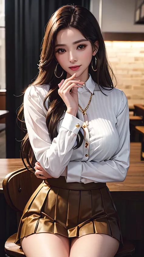 35-year-old woman, beautiful and smart, store management, ,white long sleeve button up blouse_brown pleated mini skirt, super lo...