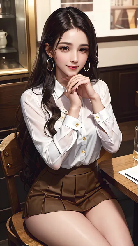 35-year-old woman, beautiful and smart, Store Management, ,white long sleeve button up blouse_brown pleated mini skirt, Super long brown hair,Hair with loose waves , Detailed face and eyes, Realistic, 8k, high quality, Realistic lighting, Warm tones, Intri...