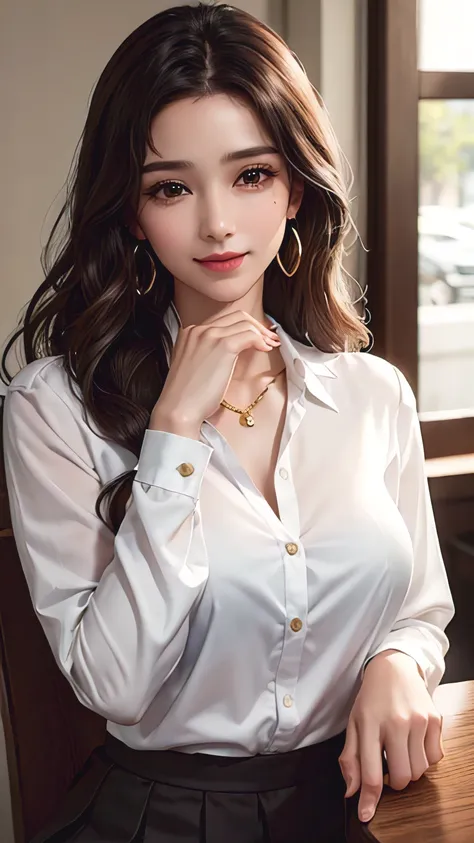 35-year-old woman, beautiful and smart, Store Management, ,white long sleeve button up blouse_brown pleated mini skirt, Super long brown hair,Hair with loose waves , Detailed face and eyes, Realistic, 8k, high quality, Realistic lighting, Warm tones, Intri...
