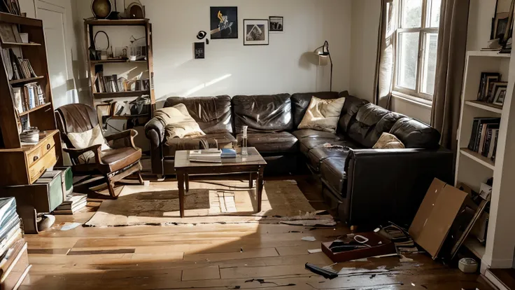 Generate an image of a living room during the day, messy, with furnitures, books and decorations moved. Add mysterious marks on the floor and walls."