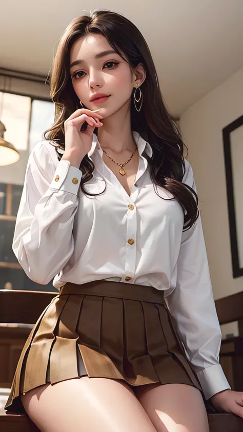 35-year-old woman, beautiful and smart, Store Management, ,white long sleeve button up blouse_brown pleated mini skirt, Super long brown hair,Hair with loose waves , Detailed face and eyes, Realistic, 8k, high quality, Realistic lighting, Warm tones, Intri...