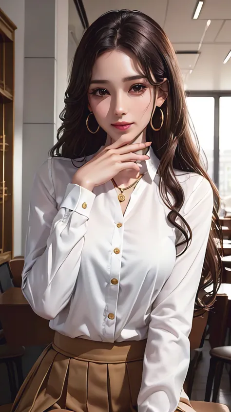 35-year-old woman, beautiful and smart, Store Management, ,white long sleeve button up blouse_brown pleated mini skirt, Super long brown hair,Hair with loose waves , Detailed face and eyes, Realistic, 8k, high quality, Realistic lighting, Warm tones, Intri...