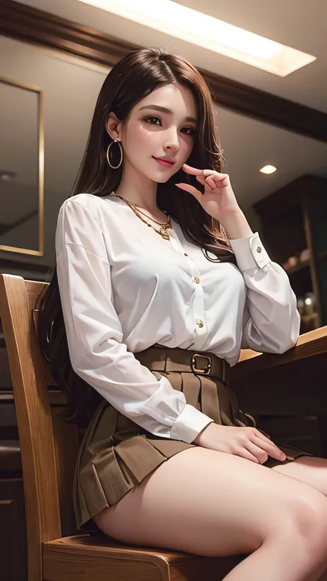 35-year-old woman, beautiful and smart, Store Management, ,white long sleeve button up blouse_brown pleated mini skirt, Super long brown hair,Hair with loose waves , Detailed face and eyes, Realistic, 8k, high quality, Realistic lighting, Warm tones, Intri...