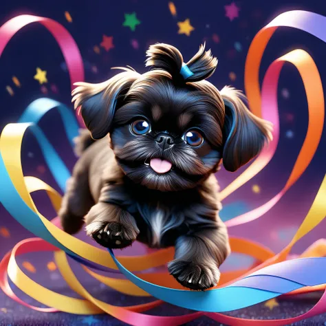 Ultra-small deformation,pop art, (from above), A black Shih Tzu puppy with blue eyes is curling up in the air, glowing cloud back ground surrounded colorful ribbons and particles shaped star, falling through the air, lie on back spreading arms and legs wid...