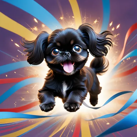 Ultra-small deformation,pop art, (from above), A black Shih Tzu puppy with blue eyes is curling up in the air, glowing cloud back ground surrounded colorful ribbons and particles shaped star, falling through the air, lie on back spreading arms and legs wid...