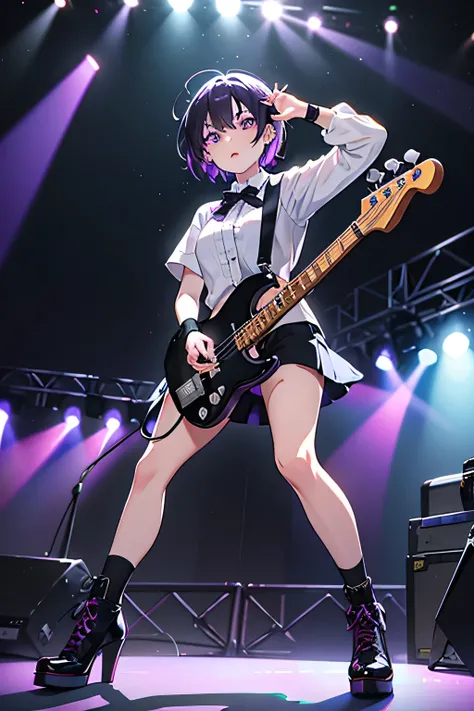 A man with purple color  short hair, he is wearing white shorts and black high heels shoes with lace up socks, goth make on stage playing bass guitar, purple eyes, under concert lighting, on a large stage, at a music festival, in the style of Japanese punk...