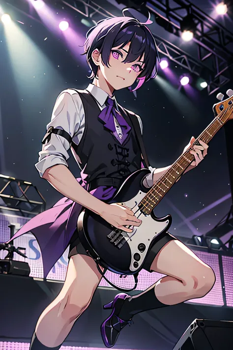 A man with purple color  very short hair, he is wearing white shorts and black high heels shoes with lace up socks, goth make on stage playing bass guitar, purple eyes, under concert lighting, on a large stage, at a music festival, in the style of Japanese...