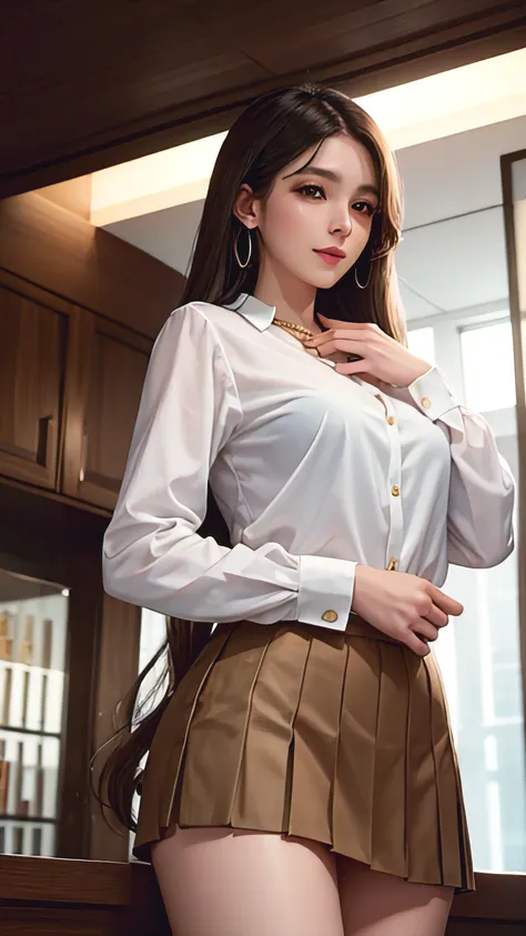 35-year-old woman, beautiful and smart, Store Management, ,white long sleeve button up blouse_brown pleated mini skirt, Super long brown hair,Hair with loose waves , Detailed face and eyes, Realistic, 8k, high quality, Realistic lighting, Warm tones, Intri...