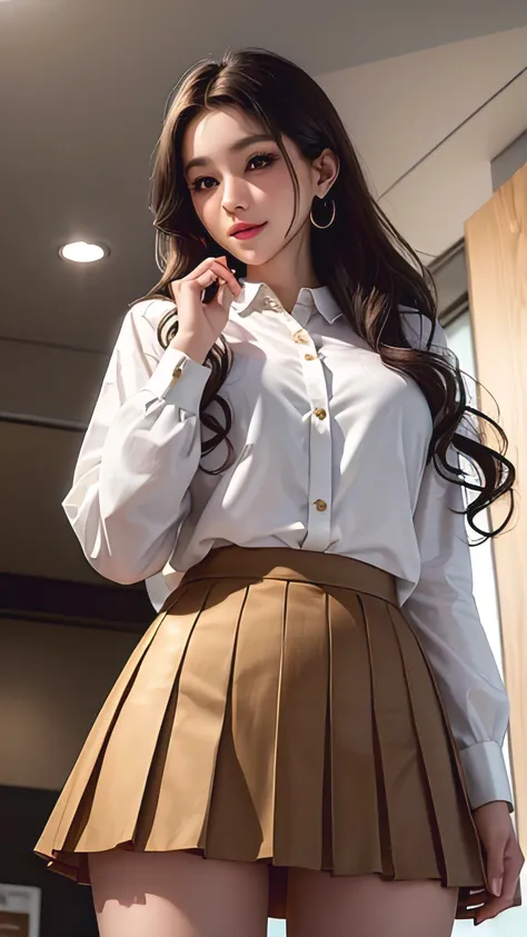 35-year-old woman, beautiful and smart, Store Management, ,white long sleeve button up blouse_brown pleated mini skirt, Super long brown hair,Hair with loose waves , Detailed face and eyes, Realistic, 8k, high quality, Realistic lighting, Warm tones, Intri...