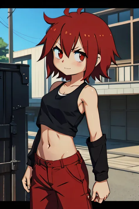 anime short red hair boyish small breasts black tank top navel-baring abs girl red long sleeves and pants