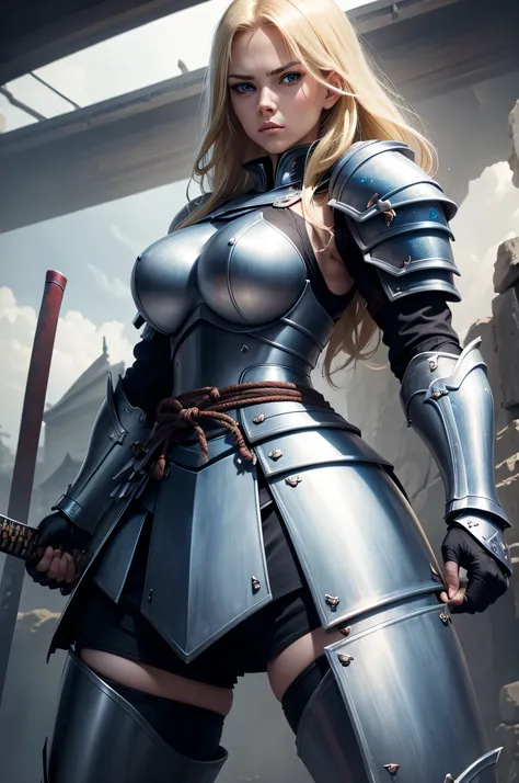 blonde woman, twenty eight years old, blue eyes, wearing battle armor, beautiful, holding a katana, big tits, serious face, strong body