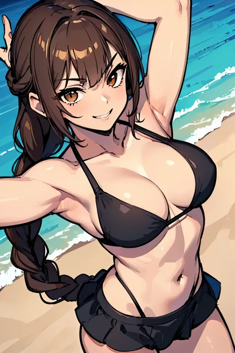 (((masterpiece))), (best quality)) 1girl, single character, female, arms up, looking at camera, (camera from above), close up, smug, teasing, teasing smile, big breasts, dark brown eyes, small eyes, brown hair, long hair, loose braid, bikinis, slightly mus...