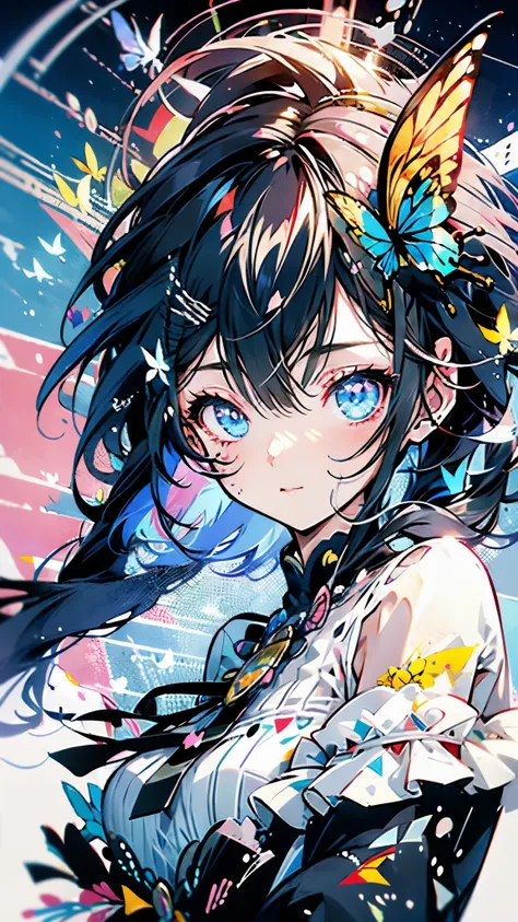 girl，Cat girl，Black hair，Magician，Left eye covered by hair，A butterfly rests on the left eye