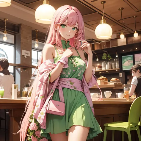 An 18-year-old girl with waist-length pink hair and large jade green eyes is posing playfully in a trendy café. She’s wearing a light green dress with pink flowers, which has a color similar to #EDF0E1, accessorized with a delicate bracelet. She holds a wh...