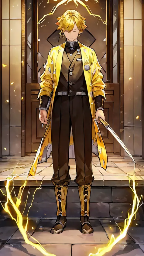 (((​master piece))),((best quality)),((((town)))),detailed,1boy,solo,resting, yellow hair,just a suit,pants,closed eyes,(((elect...