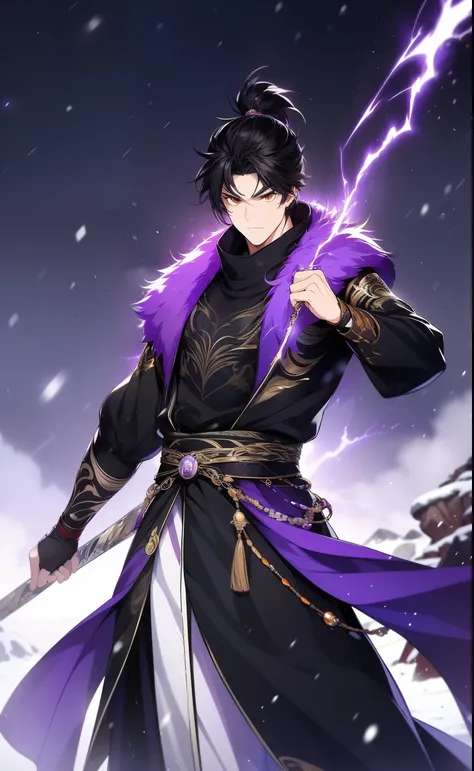 the only person，libido boy，disheveled black hair , orange eyes , purple martial arts uniform , fighting posture，purple aura，ligh...