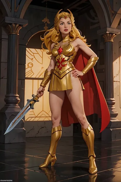 ((Full body photo, standing, feet on the ground)) 2 girl, Gal Gadot, ultra-realism, ultra-resolution, HDR, Photographic realism, Heroine pose, holding a sword, woman, medium breasts, straight hair and large, with golden Scorpion armor with white and red de...