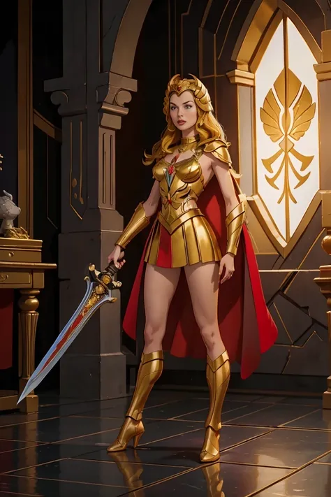 ((Full body photo, standing, feet on the ground)) 2 girl, Gal Gadot, ultra-realism, ultra-resolution, HDR, Photographic realism, Heroine pose, holding a sword, woman, medium breasts, straight hair and large, with golden Scorpion armor with white and red de...