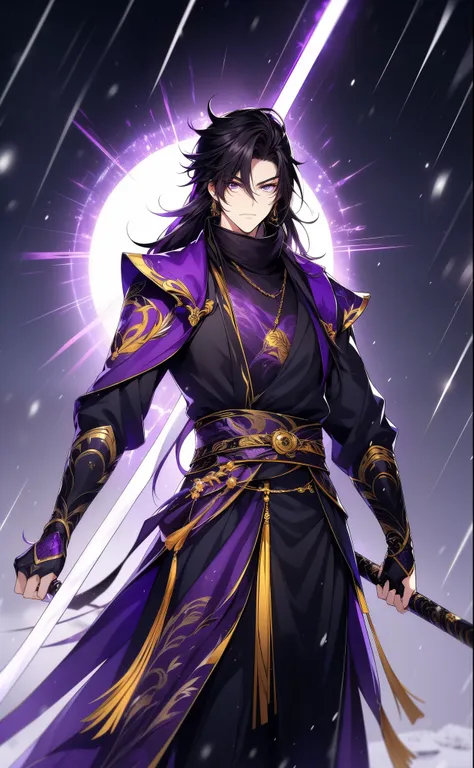 the only person, libido boy, messy long black hair, golden eyes, purple martial arts uniform, fighting posture, purple aura, lig...