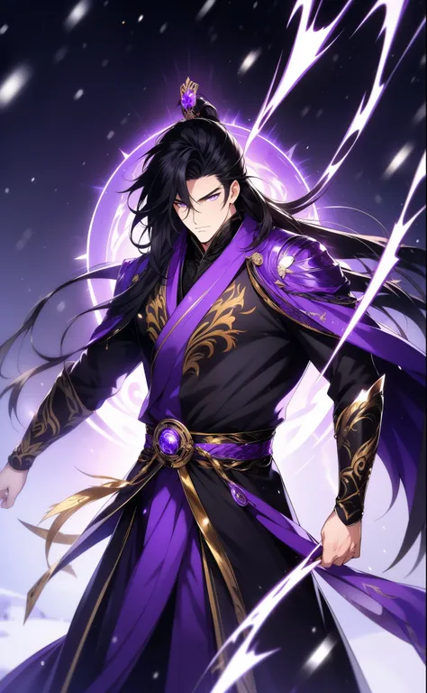 the only person, libido boy, long black hair, golden eyes, purple martial arts uniform, fighting posture, purple aura, lightning...