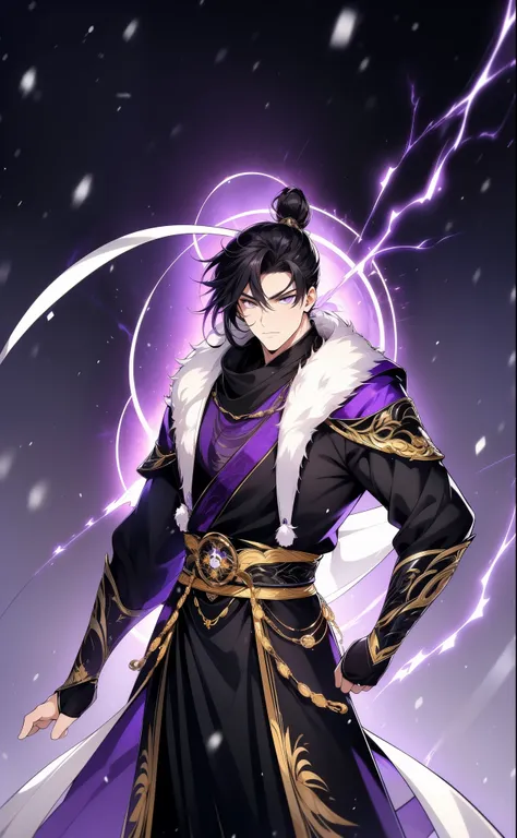 the only person, libido boy, long black hair, golden eyes, purple martial arts uniform, fighting posture, purple aura, lightning...