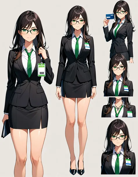 (masterpiece), (best quality), (high res), 1lady, tall body, beautiful detailed eyes, beautiful detailed face, glasses, confident look, perfect hands, complete fingers, perfect anatomy, perfect proportions, ((jet black hair, medium hair, hair down)), ((gre...