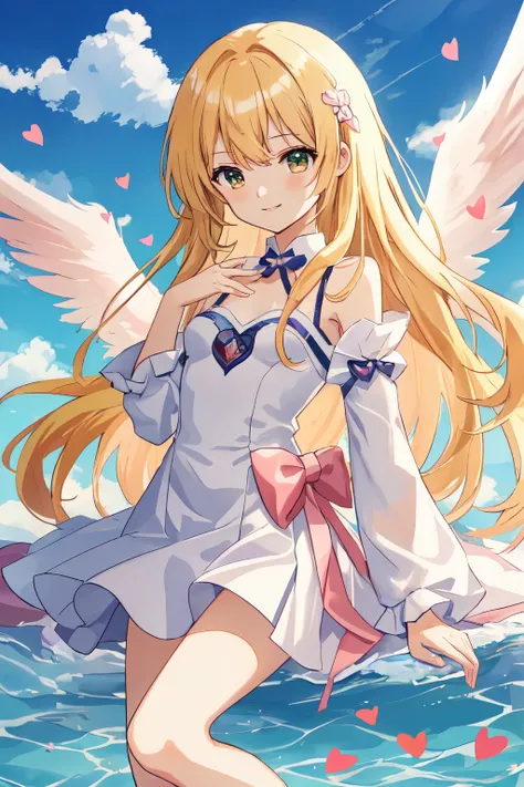 1_girl, (anime, kawai:2), (masterpeice, best_quality, clean:1.5), (sky_background:1.2), (cute, cute_smile, wholesome, young:1.8), (delicate, extremely_delicate, beautiful, thin:1.5), (girlfriend, angel:1.8), (green_eyes, simple_eyes:1.8) (long_hair, blond_...