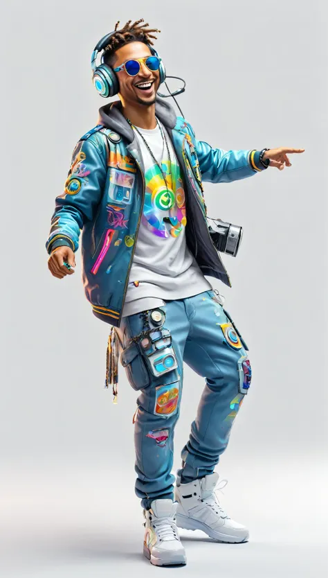 adult brazilian man dressed in urban clothes, on a white background, he is a disc jockey and is playing and dancing his music an...