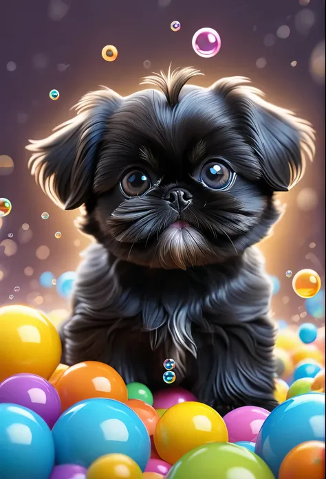 a tiny solid black shih tzu puppy, big bright blue eyes, wearing goggles and collars, covered in shampoo bubbles, happy, playful...