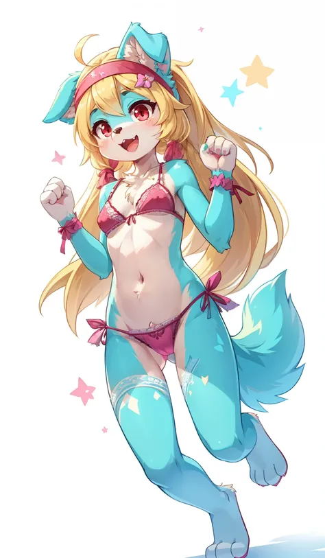 Furry girl, dog, cute hair, long ponytail, blonde hair, stars hairpin, red eyes, small breasts, detailed body fur, ((magenta ruffled bikini, headband with lace)), masterpiece, looking at you, two tone body fur, turquoise body fur, clear turquoise body fur,...