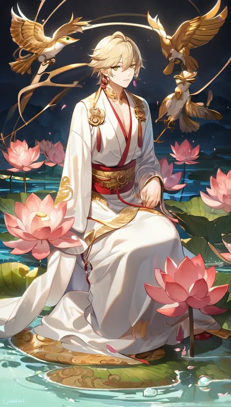 (absurd, highres, ultra detailed, HDR), masterpiece, best quality, perfect face, fine features, bright green eyes, solo, male, handsome, Taishakuten, ash blonde hair, hair between eyes, white tunic, chest, lotus earrings, onmyoji , pink petals, pink butter...