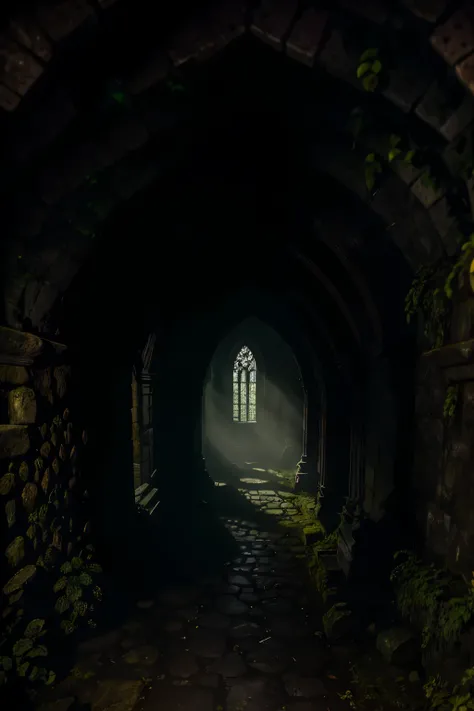 The crypts entrance, shrouded in dense foliage, is nearly concealed by the relentless growth of vines and moss. The stone arch, bearing the weight of time, is worn and crumbling, its surface resembling the intertwined skeletal fingers of the vegetation. A ...