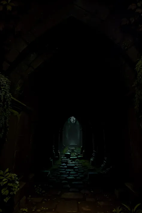 The crypts entrance, shrouded in dense foliage, is nearly concealed by the relentless growth of vines and moss. The stone arch, bearing the weight of time, is worn and crumbling, its surface resembling the intertwined skeletal fingers of the vegetation. A ...