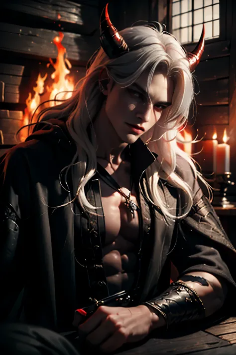 ((Best quality)), ((masterpiece)), 8k (detailed), ((perfect face)), perfect proporcions, ((halfbody)) he is a sorcerer, he is 30 years old, he dresses in a wizards robe, gothic style, he has red eyes, he has long wavy white hair, he is in a witchers hut, h...