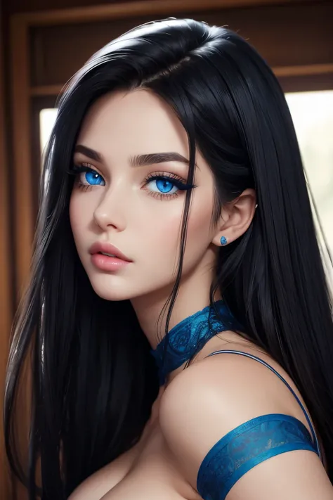 Woman, pretty, blue colored eyes, long eyelashes, big lips, slickedback hair, long hair, Bblack hair, pretty, sultry eyes