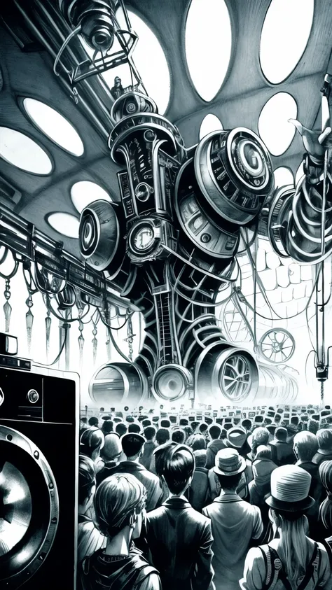 pencil drawing in steampunk style of a rave party with lots of people and a large sound system blasting with technology in the c...