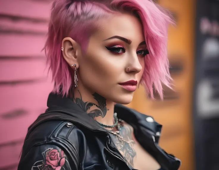 young adult woman 22 years realistic, sexy with medium tits, modern punk style similar to harley queen, with long blonde and a l...