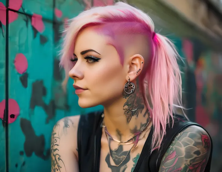 Young adult woman 22 years realistic, sexy with medium tits, modern punk style similar to harley queen, with long blonde and a little pink hair, with a broken heart tattoo on the neckline for the profile image