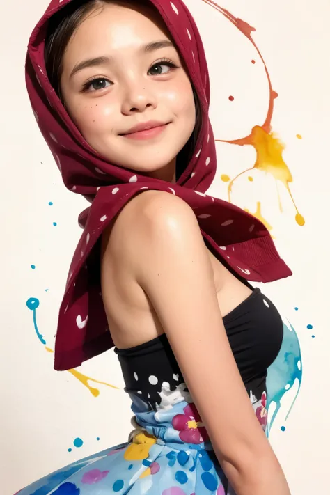 (((water color splash))), (undress strapless dress), chubby adorable, 1 girl, (face to face), 10 years old, baby face, happy, ha...