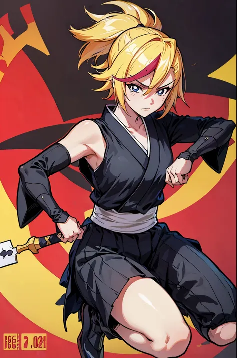 a drawing of a woman in a black outfit holding a sword, blonde, cute, inspired by Kusumi Morikage, inspired by Kanō Hōgai, inspired by Kano Sanraku, inspired by Kawabata Ryūshi, Female Samurai, Japanese anime style, anime style character