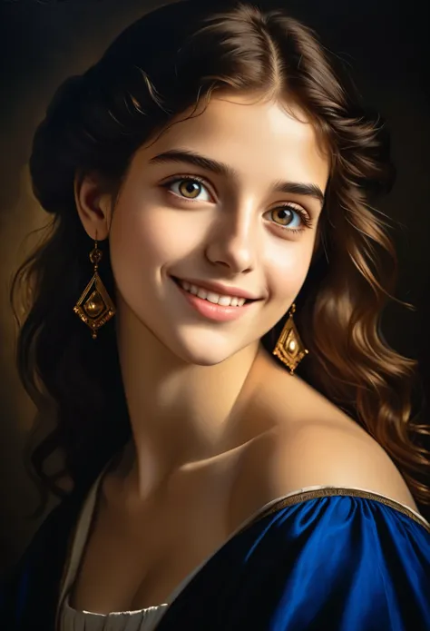 Beautiful Maxa, Beautiful eyes, 18 years old, mystery smile, golden ratio, ((Guercino style)), gloomy Renaissance, dark stone studio, two-tone lighting, ((Best quality, masterpiece)), ((Highest detail)), RAW: 1,1, 8K