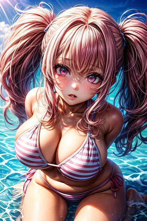 {worst quality, low quality}, ((girl photo)), solo, big breasts, clear eyes and plump lips, ((beautiful pink eyes ):1.2), Spoken heart, (Perfect hands: 1.3), (pink hair, Twin tails), (pink and white striped bikini), arms behind head, cute pose, The backgro...