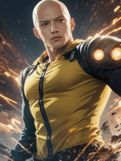 a man, saitama from one punch man, masterpiece, best quality, (extremely detailed CG unity 8k wallpaper), saitama, (best quality), (best illustration), (best shadow), absurdres, realistic lighting, (Abyss), beautiful detailed glow, realistic