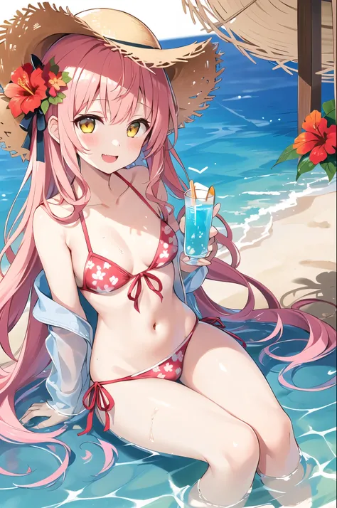 girl、cute、Yandere、Until death、Princess、young、Con、、young、cute、Yellow Eyes、Pink Hair、Super Long Style、Half Twin、hibiscus、Straw hat、Big ribbon、cute、Being spoiled、Watery eye、heart、heart，smile、Be happy、Eyes glow pink、Red cheeks、Hawaii、Floral Bikini，Small breast...