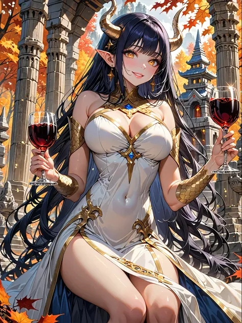 A masterpiece, Very detailed, ultra detailed, Alone, female, long dark blue hair, straight hair, golden eyes with slanted pupils, scales on arms, big breasts, high, ELEGANT DRESS, priestess, gentle smile, outdoor stone temple, draconic hands, cola, draconi...