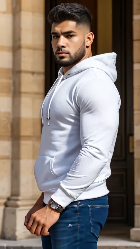 muscular man, bearded, young, young adult, huge, big shoulders, piece, Only, the white shirt with studs open hoodie gold netalica, big arms,, Intricate, elegant, sharp focus, photo by greg rutkowski, vibrant colors, (masterpiece), ((Paris), (detailed face)...