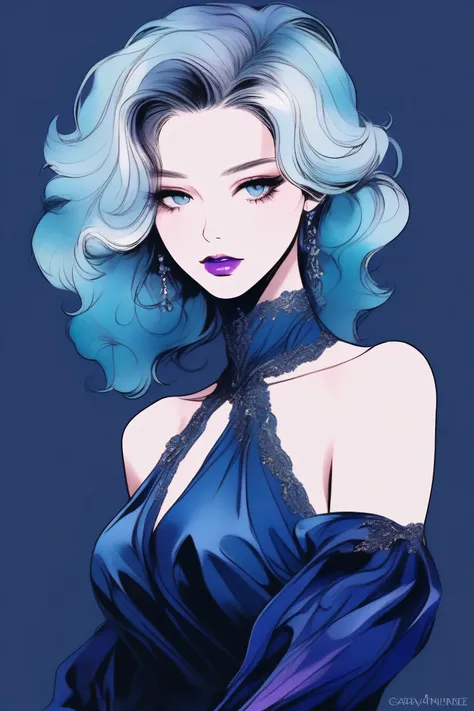 (Best quality, sketch:1.2),realistic,illustrator,anime,1 girl, detailed lips,custom, bad women, details, black and aquamarine gradient background,neon hair,Textured trim, masterpiece, retro classic style, [female mannequin close up, Sexy dress, silk dress,...