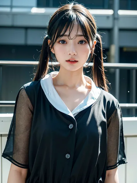 40-year-old Japanese woman、Black Hair、Hair is very short、Twin tails、Hatsune Miku Costume、Headphones、Flat Chest、Realistic photos、Realistic、8K quality、expensive、No bangs、Swimwear、High resolution, Highest quality, Anatomically correct, Winner of numerous awar...